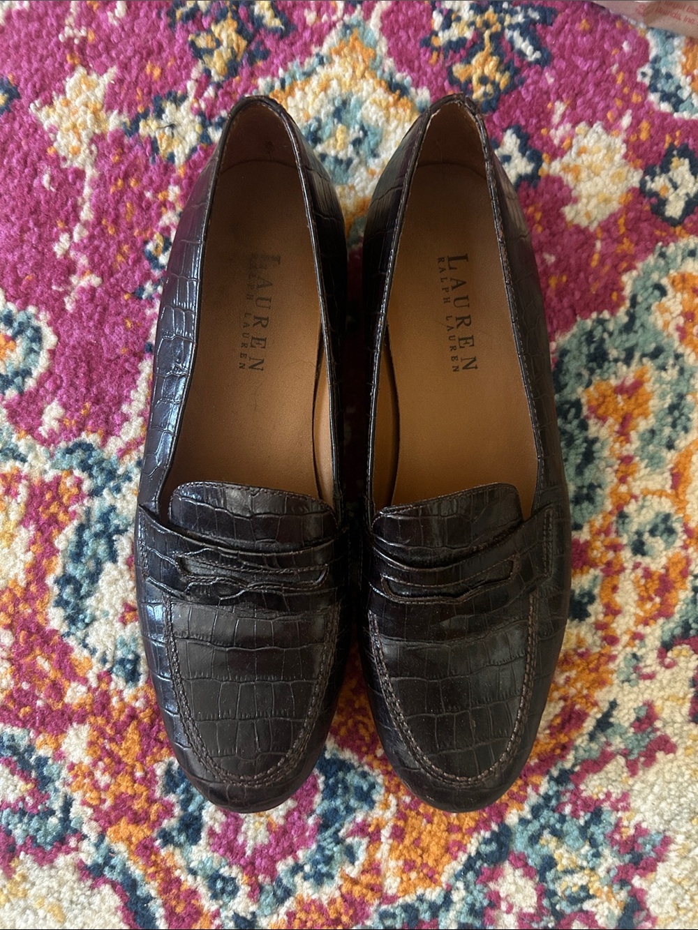 Lauren Ralph Lauren Croc-Embossed Loafers in Dark Brown